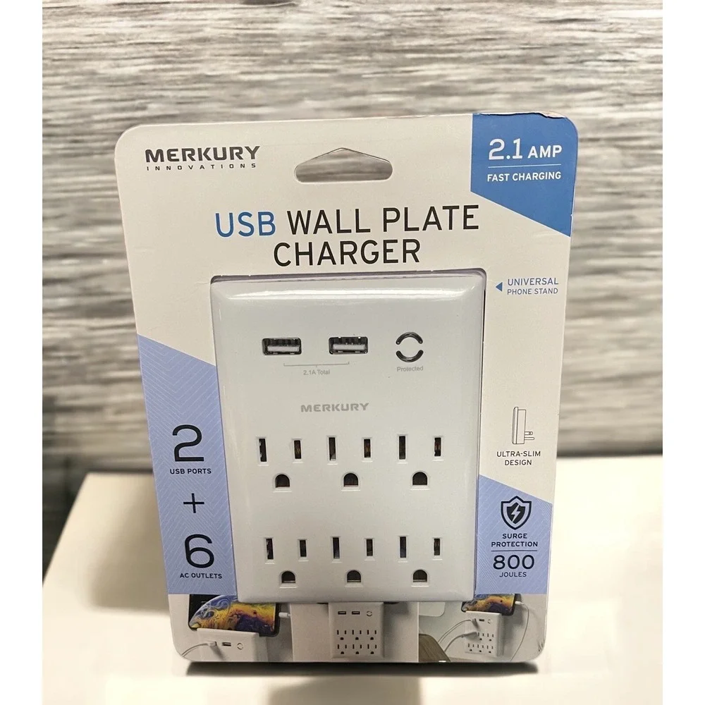 USB Wall Plate w/ Phone Holder 2 USB + 6 Outlets -2.1 AMP Fast Charging